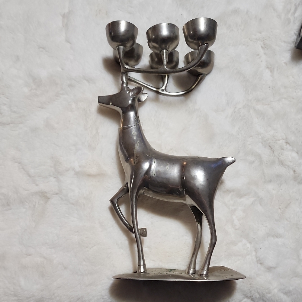 Silver Deer Candle Holder  Decor. Cast Aluminum.